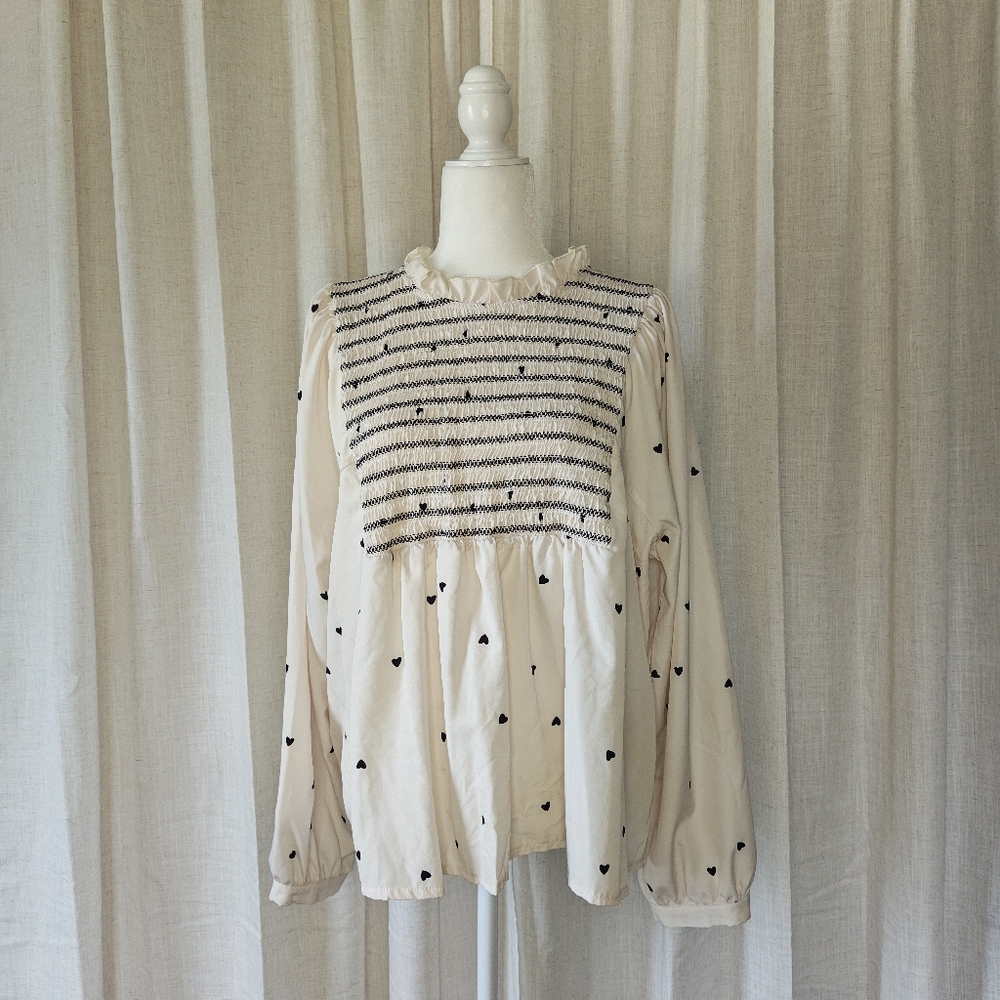 SHEIN Cream and Black Heart Blouse